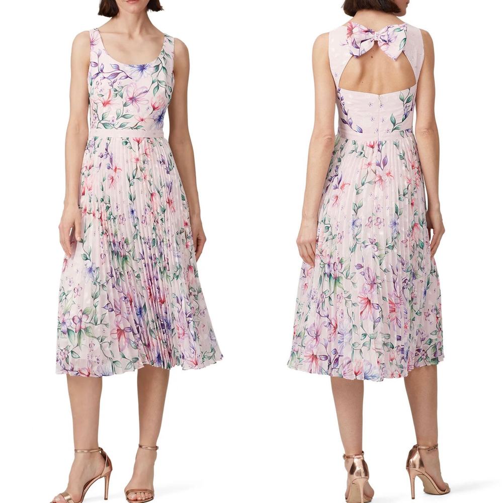 Marchesa Notte Floral Pleated Midi Dress in Blush Pink Size 0 - Picture 1 of 10